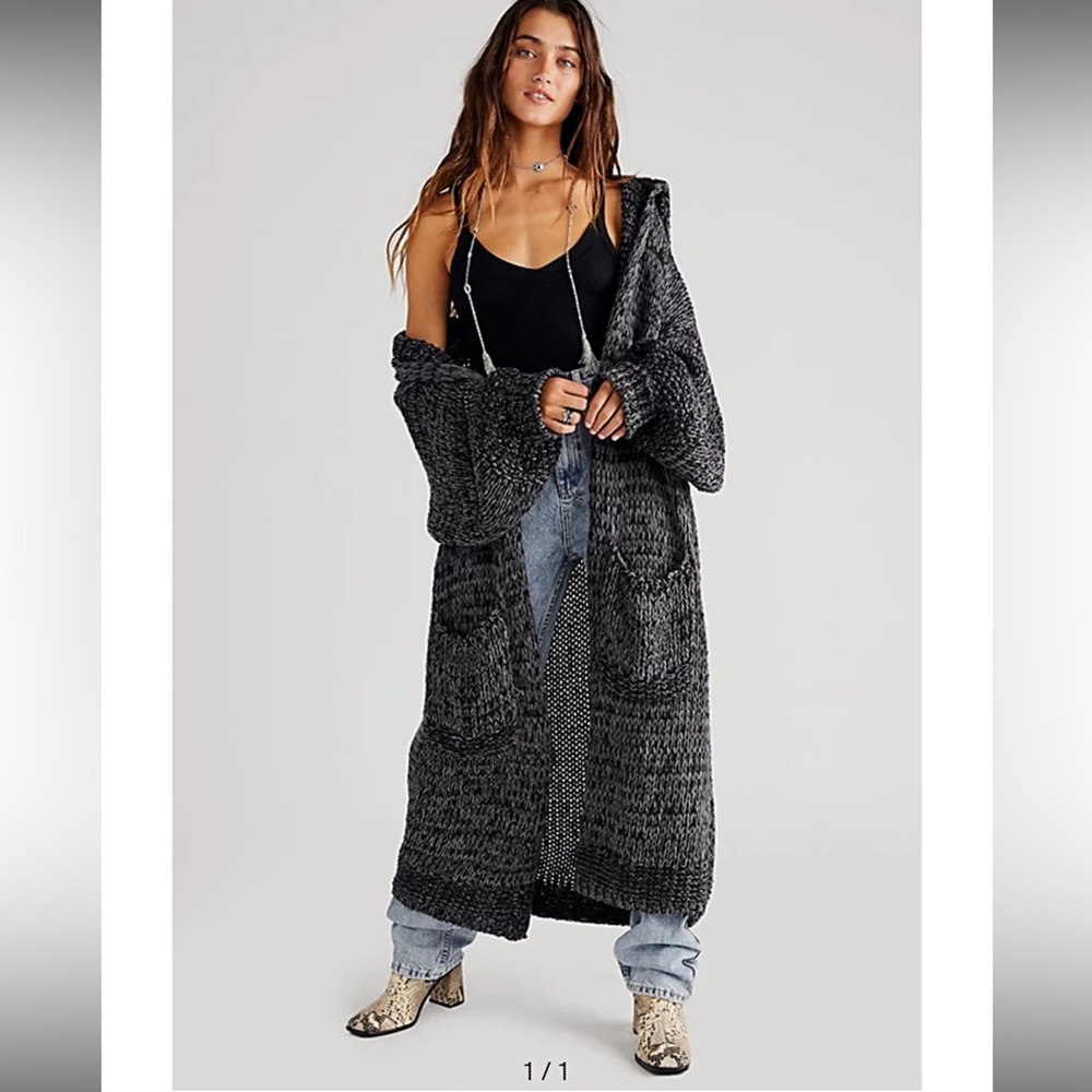 Free People Black Gray Long Crofter Cardigan